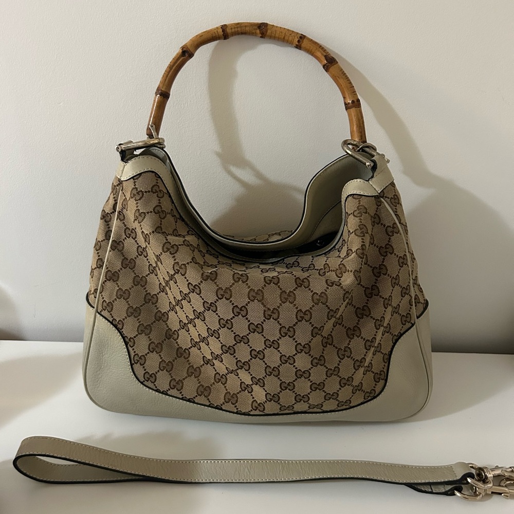 SOLD-Gucci Tan and Cream Shoulder Bag with Bamboo Handle